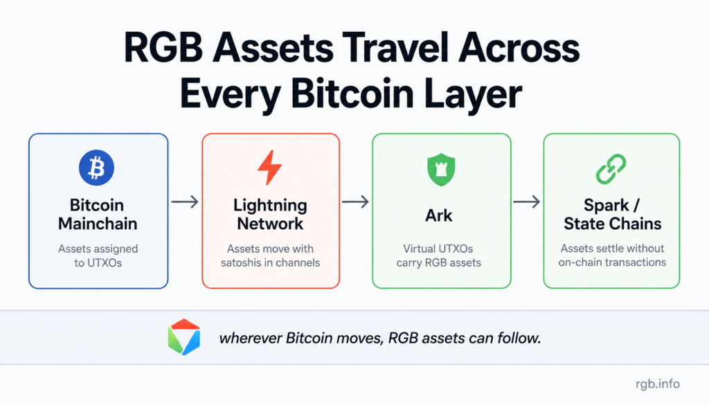 Diagram showing how RGB assets travel across Lightning Network Bitcoin layer — Bitcoin Mainchain, Lightning Network, Ark, and Spark