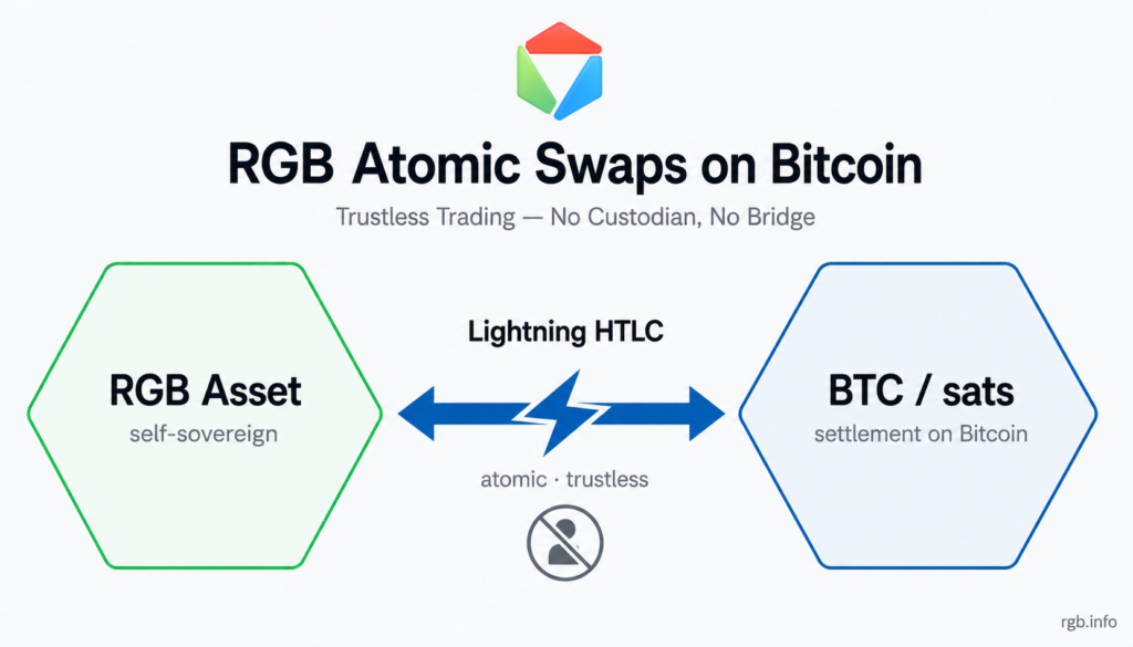 Diagram of RGB atomic swaps on Bitcoin: RGB Asset and BTC connected via Lightning HTLC with no custodian
