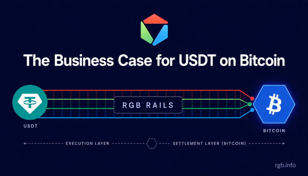 Diagram showing USDT connected to Bitcoin through RGB rails, illustrating the execution layer and settlement layer behind USDT on Bitcoin