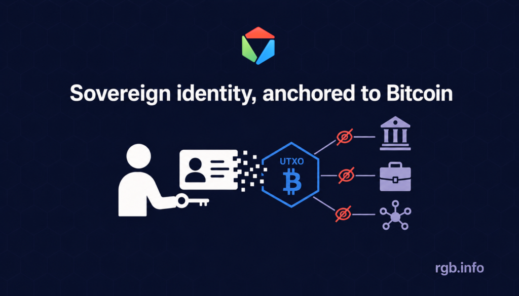 RGB Protocol on Bitcoin diagram: sovereign identity credential anchored to a Bitcoin UTXO, with no registry or custodian