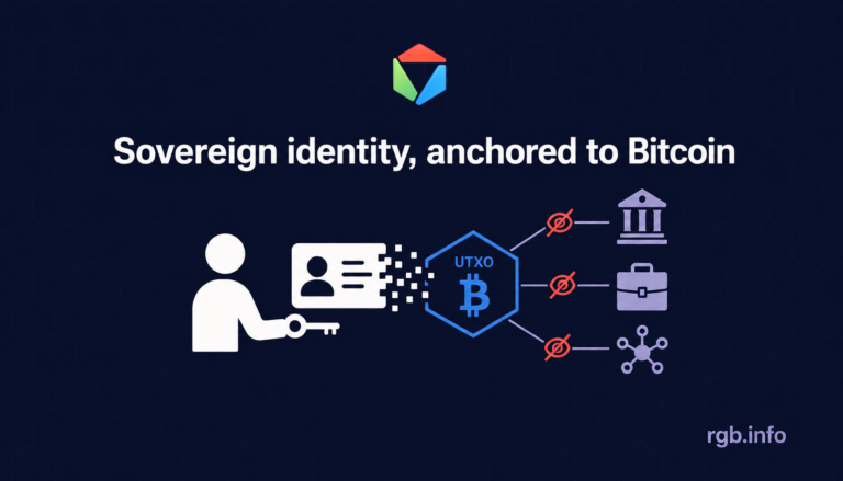 RGB Protocol on Bitcoin diagram: sovereign identity credential anchored to a Bitcoin UTXO, with no registry or custodian