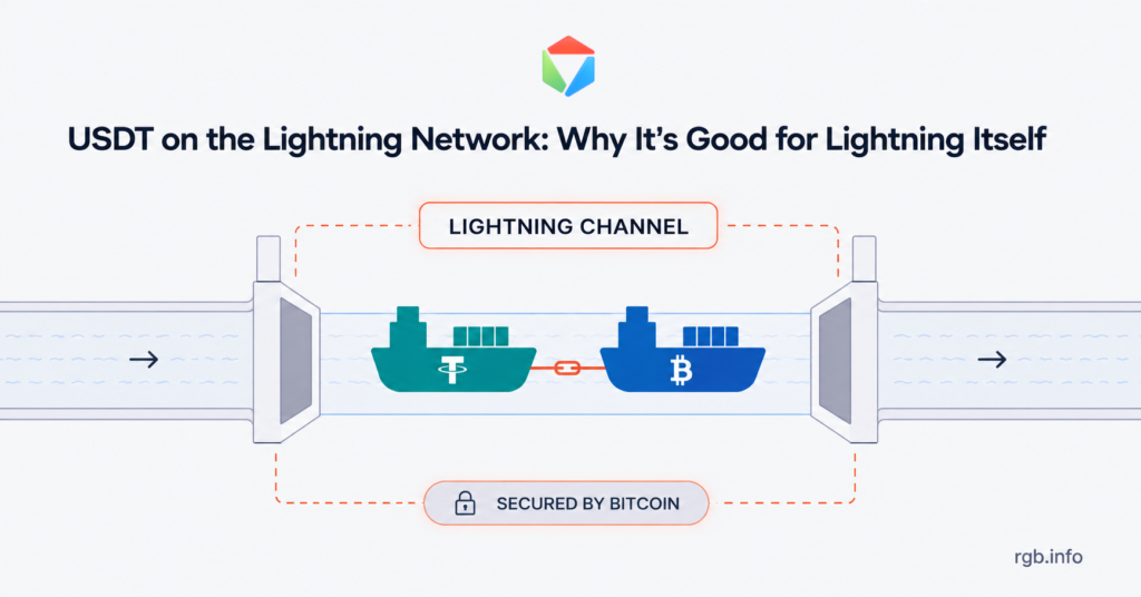 Illustration of a Lightning channel carrying a Tether (USDT) ship and a Bitcoin ship side by side, connected by a chain, secured by Bitcoin, with the RGB Protocol logo above