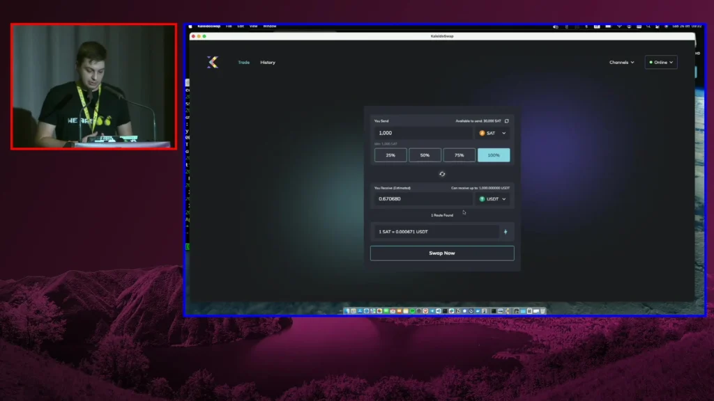 KaleidoSwap Trade screen showing a live SAT to USDT swap during Walter Maffione's demo at Plan ₿ Forum 2024