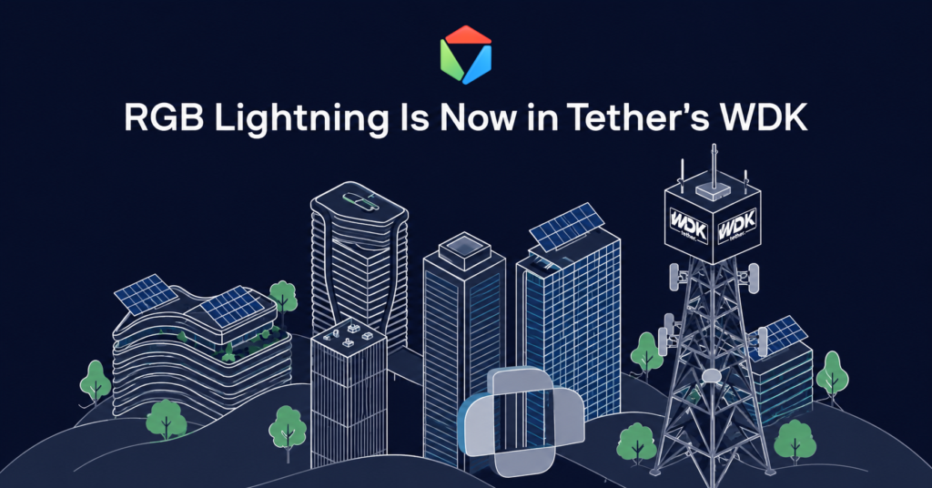 RGB Protocol logo above the title "RGB Lightning Is Now in Tether's WDK", illustrating the RGB Lightning Tether WDK integration with two connected wallet icons (Android and iOS) exchanging a Lightning bolt and an RGB asset token