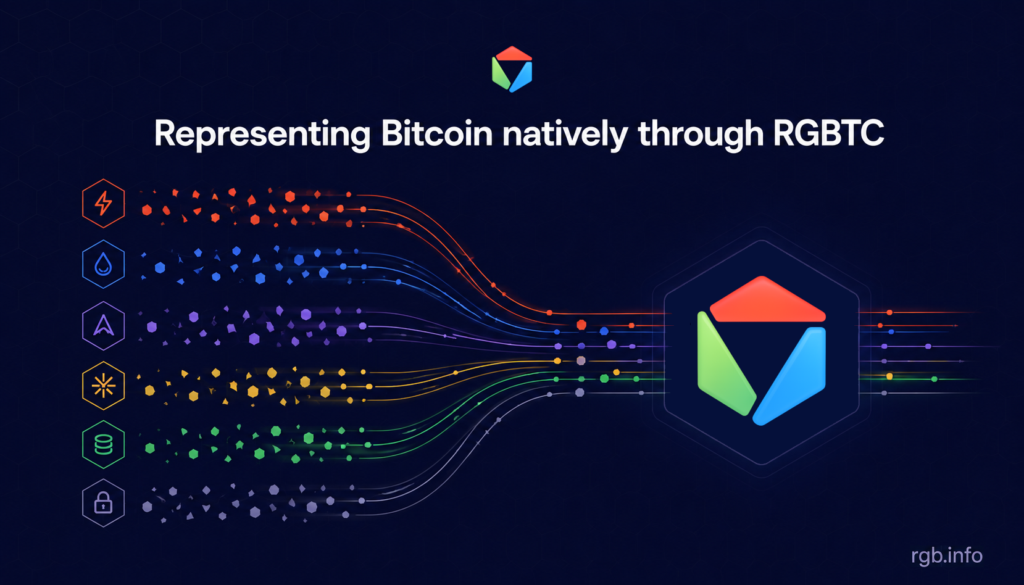 Illustration of RGB Protocol on Bitcoin as a central hub connecting Lightning, Ark, Spark, Liquid, and Cashu, representing RGB as a meta asset protocol