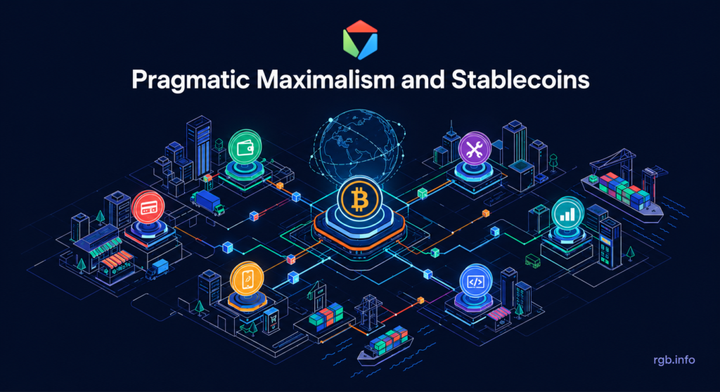 Illustration titled "Pragmatic Maximalism and Stablecoins" with the RGB logo, showing a central Bitcoin node connected across an isometric global network of cities, ports and payment hubs representing merchants, wallets, remittances and developer tools, on rgb.info