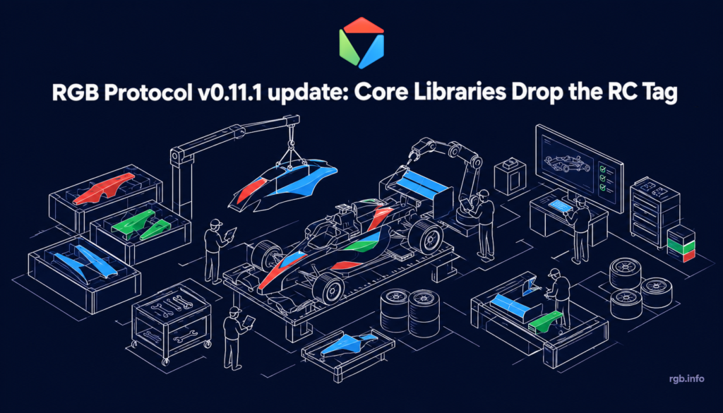 RGB Protocol logo above the title "RGB Protocol v0.11.1 update: Core Libraries Drop the RC Tag", with an illustrated workshop where engineers assemble and check a race car built from red, green, and blue components