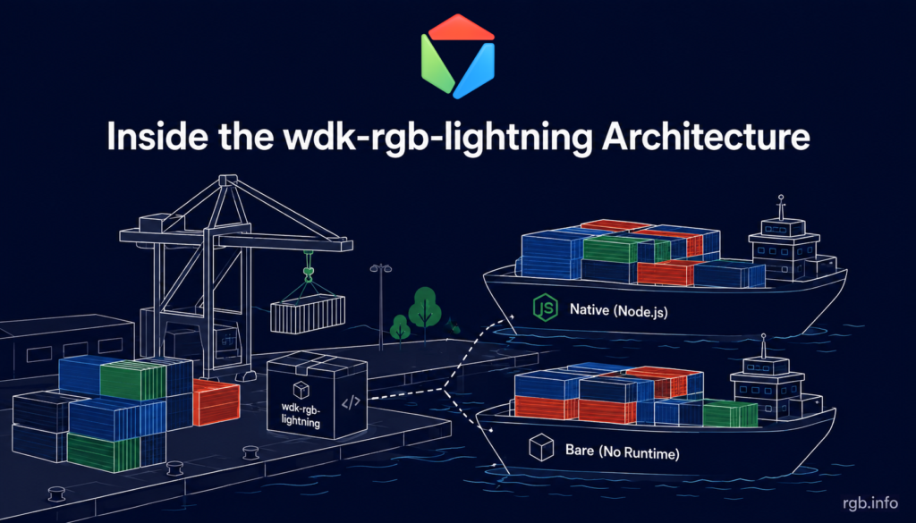 Diagram of the wdk-rgb-lightning module architecture, showing WalletManagerRGBLightning and WalletAccountRGBLightning sitting between RGB Lightning Node and Tether's WDK, with separate native bindings branching to Node.js and Bare
