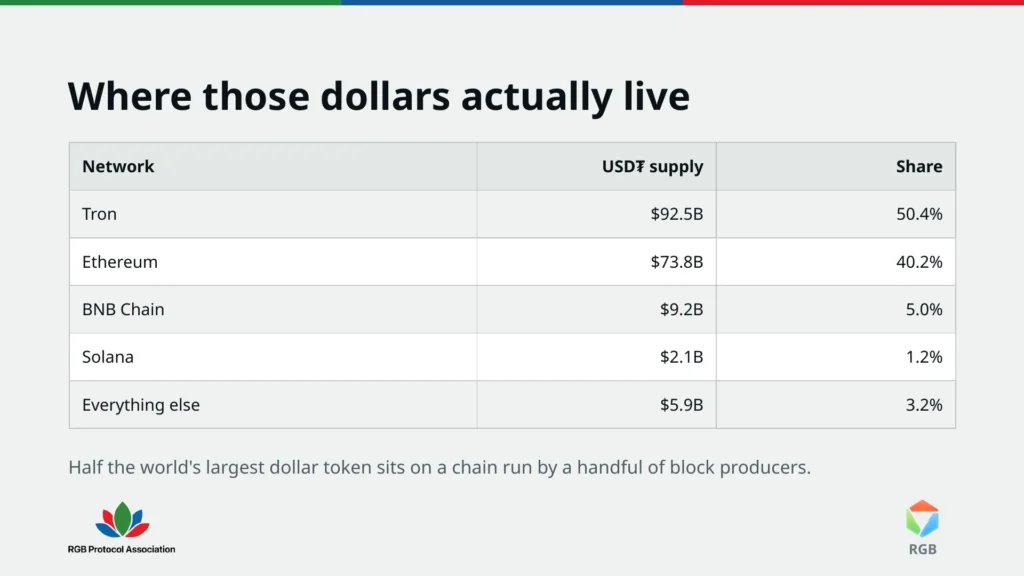 Slide from Birkan Kayadibi's BTCHEL 2026 talk on how to issue assets on
Bitcoin, showing USDT supply by network: Tron $92.5 billion (50.4%), Ethereum $73.8 billion (40.2%), BNB Chain, Solana and others