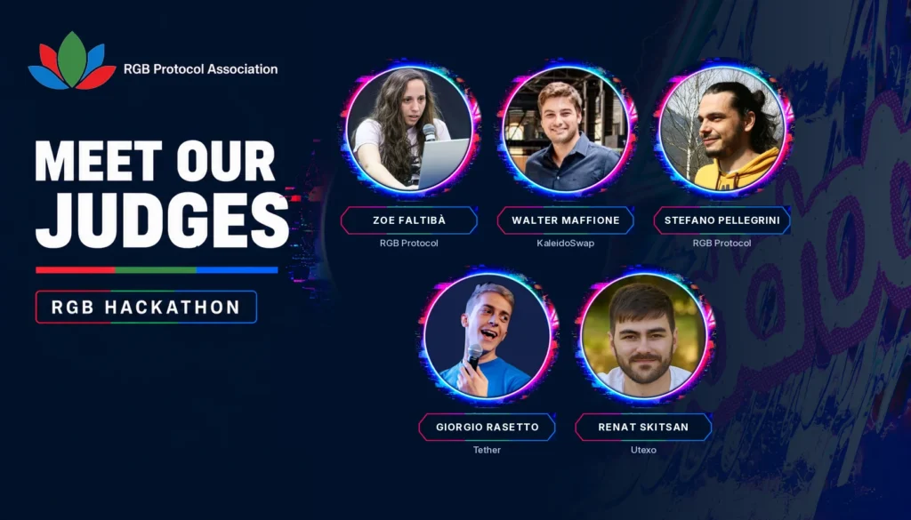 RGB hackathon 2026 judges: Walter Maffione of KaleidoSwap, Renat Skitsan of Utexo, Zoe Faltibà and Stefano Pellegrini of the RGB Protocol Team from Bitfinex, Giorgio Rasetto of Tether