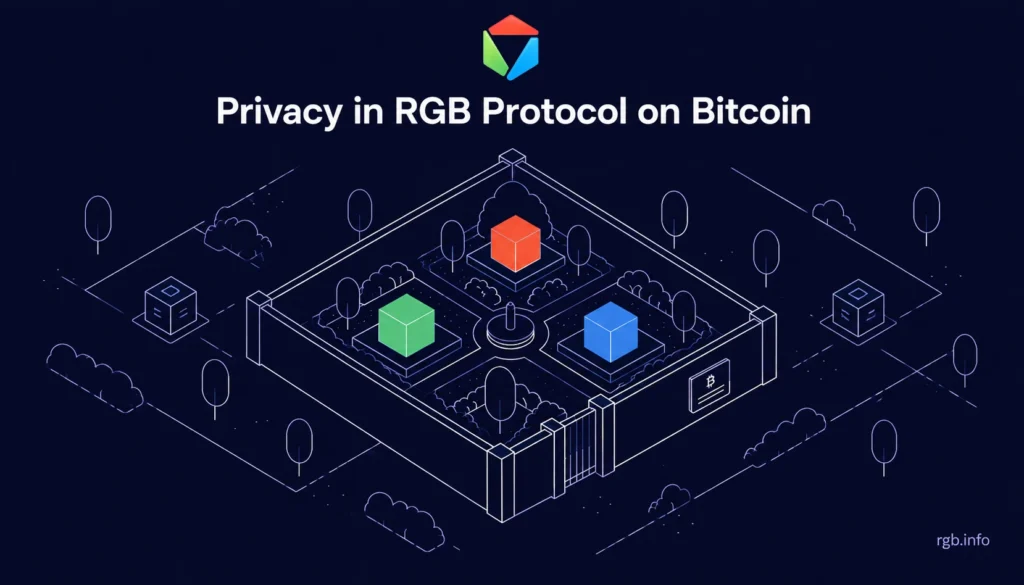 Privacy in RGB Protocol on Bitcoin: isometric walled garden with three coloured blocks and a Bitcoin plaque