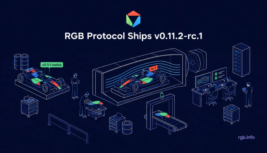 Isometric illustration of a Formula 1 wind tunnel, with a prototype car tagged rc.1 under test and a finished car tagged v0.11.1 stable parked beside it, under the RGB Protocol logo and the title RGB Protocol Ships v0.11.2-rc.1